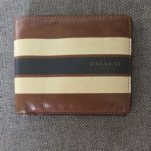 Coach Men's Varsity Striped Leather Bi-Fold Wallet - Brown/Cream/Black